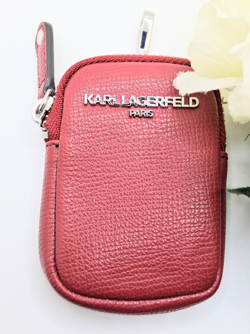 Karl Lagerfeld Red Pebbled Leather Mini Coin Clip On 4" Pouch
